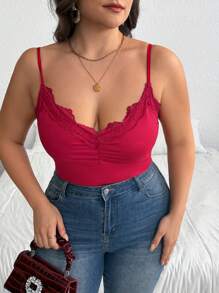 SHEIN Privé Plus Size Elegant Commuter Workplace Intelligent High-End Venue Refined Afternoon Tea Slightly Sexy Date Music Concert Party Christmas Dark Red Camisole Lace Splice Front Middle Pleats Holiday; New Year; Party; Elegant Office Fairy Bodysuit - Red - View 5
