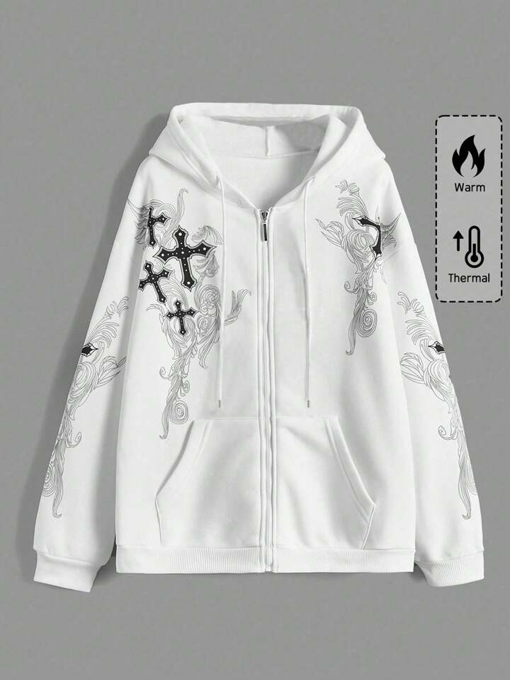 Our Grunge Punk Cross Print Zip Up Drawstring Thermal Lined Hoodie