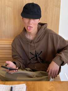 DAZY Áo hoodie nam dáng rộng, vai rớt, có túi kangaroo, dây rút, thích hợp cho kỳ nghỉ, thêu họa tiết. - màu nâu - Xem 2