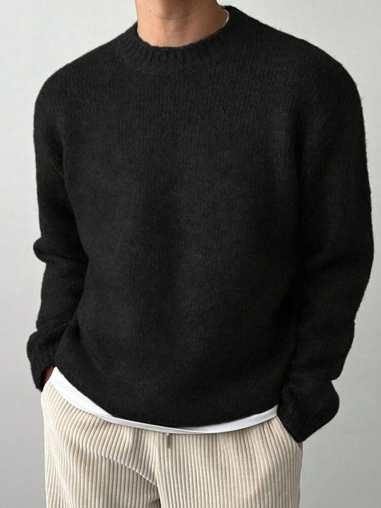 Men's Solid Color Crew Neck Sweater, Casual Daily Wear, Autumn/Winter, Grunge Style