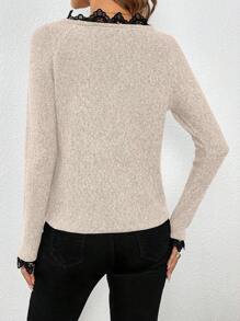 SHEIN LUNE 1pc Women Elegant V-Neck Contrast Color Block Lace Button Decoration Pullover Sweater Knit Pullover Fall Winter - Apricot - View 2