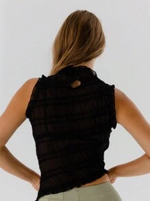 Aralina Women Sheer Mock Neck Sleeveless Textured Ruffle Top - Black - View 2