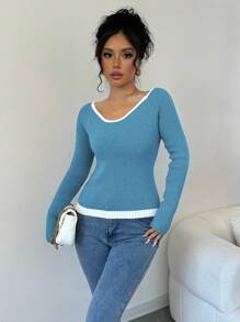 Chiquease Women's Contrast Color V-Neck Raglan Sleeve Casual Pullover Sweater, Autumn/Winter