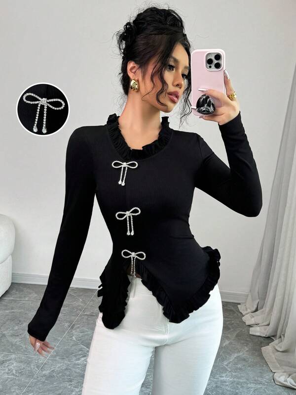 Elenzga Women's Elegant Rhinestone Bow Decor Slit Hem T-Shirt, Autumn