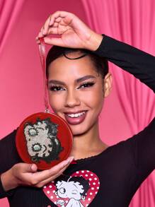 Betty Boop x SHEIN 1 件卡通人物拼布亮片圆形零钱包，礼物，爱人，送礼佳品，派对，节日，情人节 - 酒紅色 - 查看 7