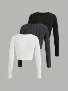 SHEIN Essnce 3 件套女士纯色针织长袖 T 恤，秋冬季休闲装 - 深灰色 - 查看 2