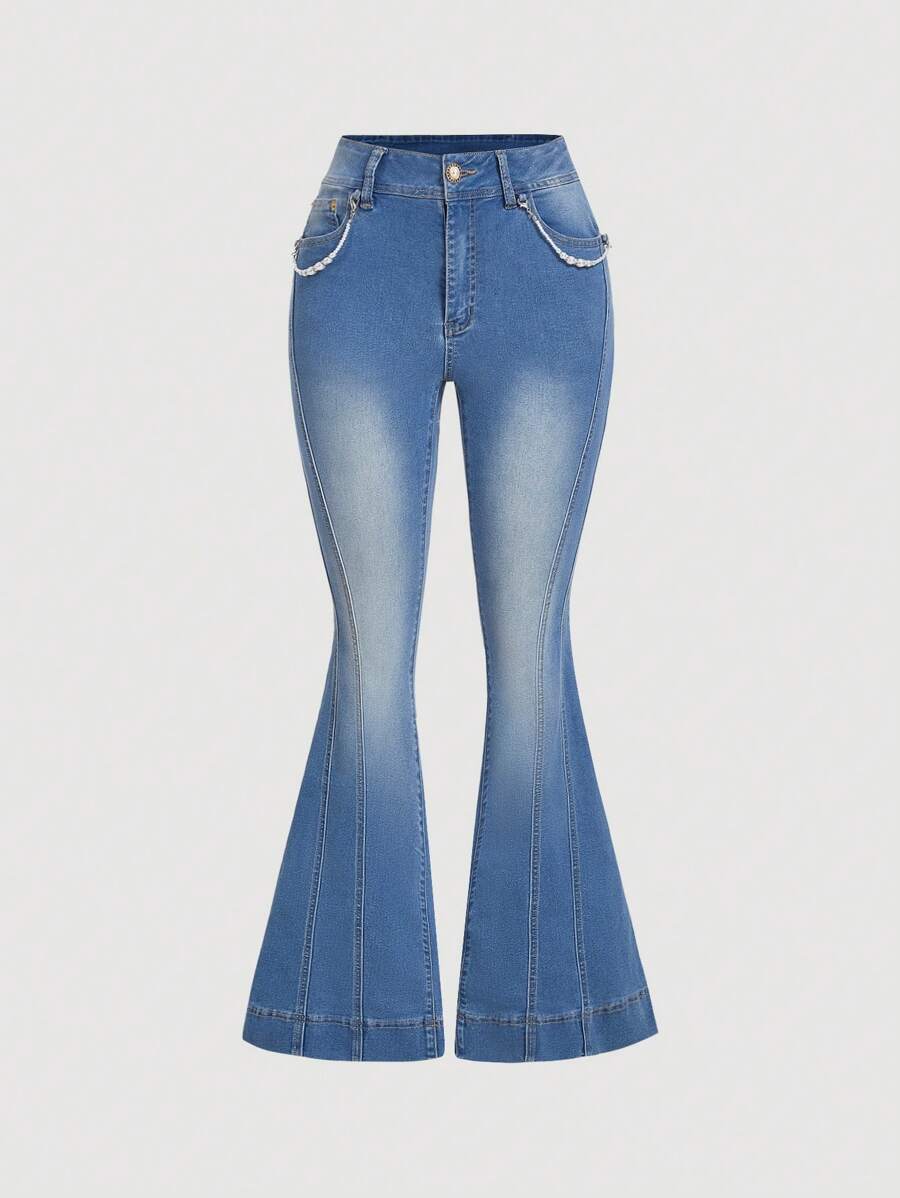 SHEIN MOD 女式简约纽扣前口袋休闲牛仔裤，适合日常穿着 - 藍色 - 查看 1