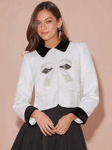 Enchnt Autumn/Winter Romantic Women's Sweet Elegant White Color Block Exquisite Pearl Bow Decor Long Sleeve Tweed Jacket,For Thanksgiving&Christmas Party - White - View 5