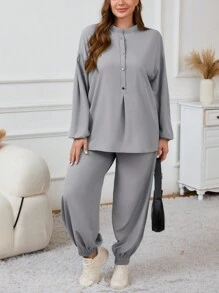 Set de 2 piezas para mujer de talla grande con top de manga larga con botones delanteros y pantalones de unicolor, de estilo minimalista