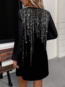 SHEIN LUNE Women Faux Rhinestone & Tassel Decor Dress - Black - View 2