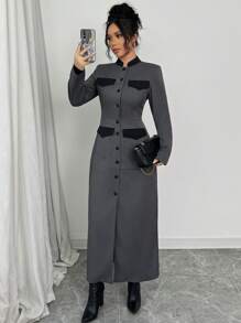 Elenzga 1pc Women Regular Collar Color Block Casual Jacket, Gray - Grey - View 5