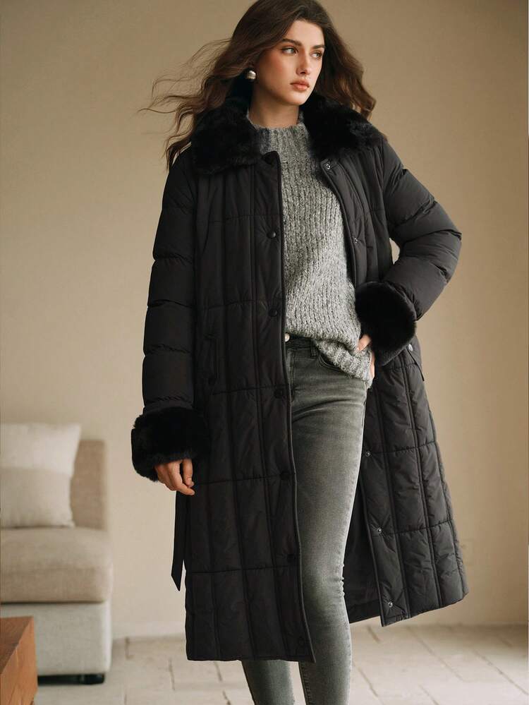 Thick Long Puffy Collar Horizontal Seam Women's Coat