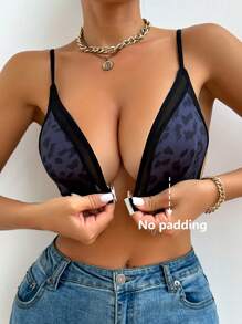 Sexy Mesh Front Buckle Leopard Print Deep V Bra, Cheetah Print Top - Multicolor - View 6