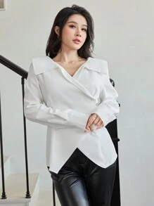 Modelyn 大翻领不对称下摆修身长袖女式衬衫 - 白色 - 查看 7