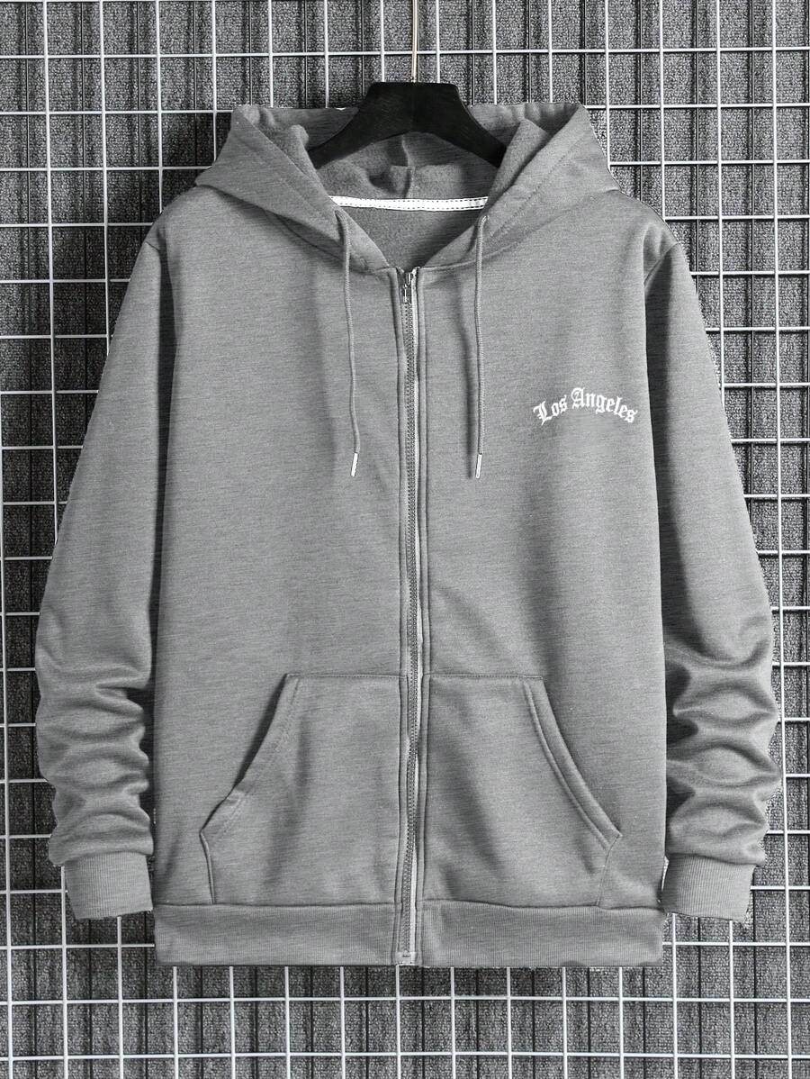 EURMUSE Men Letter Printed Zip Up Regular Hoodie Sweatshirt - Grey - View 1