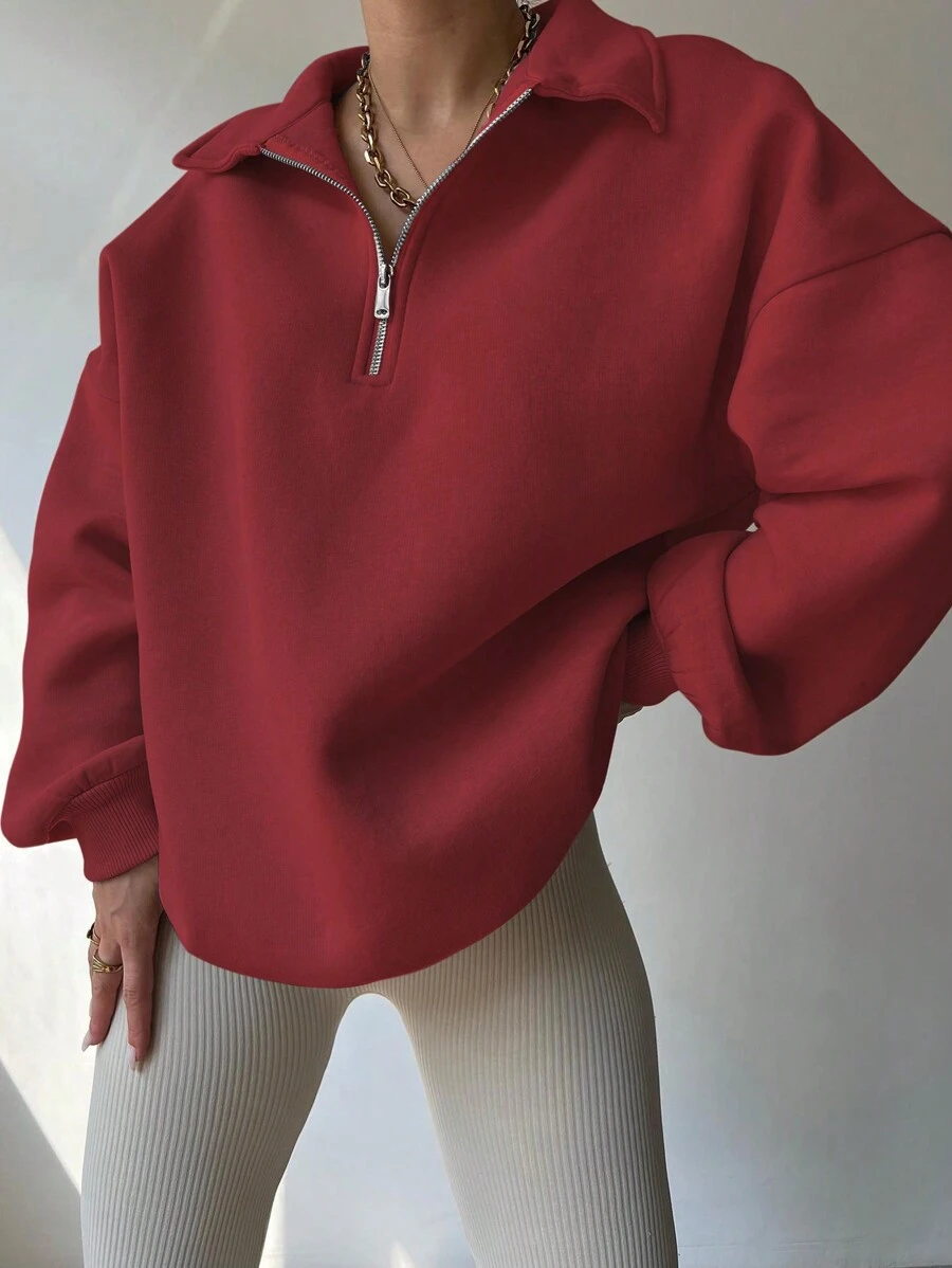 INAWLY 女士休闲宽松落肩纯色卫衣，秋冬套头衫 - 酒紅色 - 查看 1