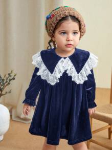 SHEIN LMoss Kids LMoss 女婴可爱秋季优雅弹力天鹅绒撞色蕾丝彼得潘领连衣裙 - 藏蓝色 - 查看 4