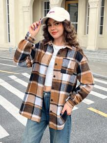 SHEIN Leap Crew Teen Girl Plaid Print Drop Shoulder Pocket Patched Shirt,Back To School,Street,Fall/Winter - Brown - View 3