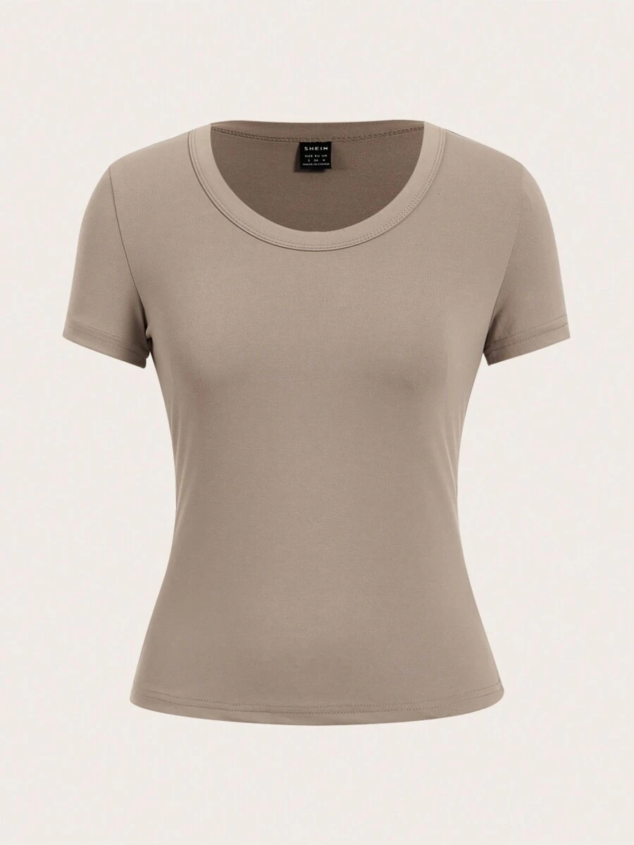 SHEIN BASICS Camiseta unicolor de cuello scoop - Caqui - Ver 1
