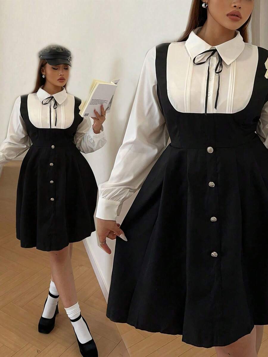 Flirla Casual Minimalist Long Sleeve College Style Dress - Black - View 1