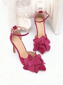 CUCCOO CHICEST 女士尖头 3D 花卉高跟鞋，仿麂皮浪漫女士度假高跟鞋，红色适合约会、下午茶派对、情人节、圣诞节和新年假期氛围秋冬 - 玫紅色 - 查看 8