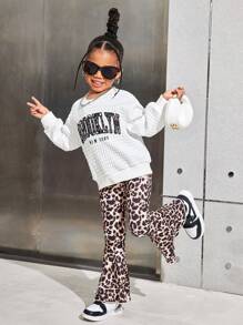 Young Girl Casual Knit Crew Neck Long Sleeve Pullover Hoodie With Leopard Print Pants Set