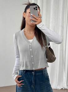 SHEIN Unity Women's Sleeveless Button Front Simple Sweet Casual Versatile Embroidered Vest - Light Grey - View 4