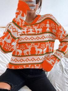 SHEIN LUNE Women's Casual Reindeer Pattern Round Neck Drop Shoulder Long Sleeve Sweater, Autumn/Winter Knit Pullover Fall - Burnt Orange - View 6