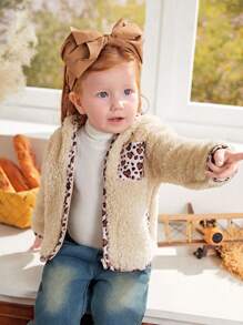 SHEIN Baby/Toddler Girls Beige Leopard Print Drawstring Zipper Hoodie Jacket - Apricot - View 6