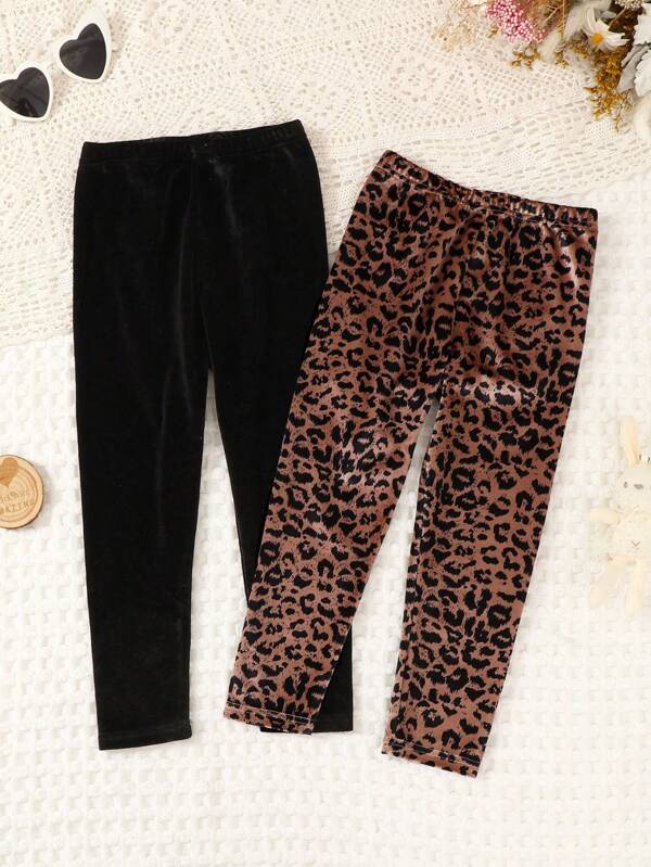 SHEIN 2pcs/Set Young Girl Casual Chic Leopard Pattern Leggings & Solid Color Comfortable Knitted Leggings