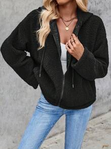 INAWLY Women Solid Color Front Zipper Long Sleeve Pocket Casual Jacket - Black - View 5