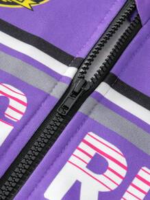 SHEIN Young Girls Fashion Color Block Letter Print Short Loose Stand Collar Zip-Up Biker Jacket, Suitable For Autumn, Purple Jacket