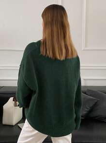 DAZY Women Loose Casual V-Neck Dropped Shoulder Long Sleeve Sweater, Solid Color, Autumn/Winter - Dark Green - View 3