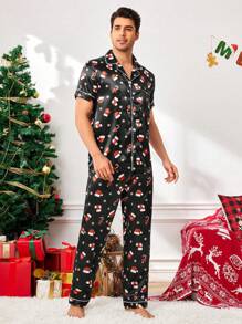 CoupledUp Ensemble de pyjamas avec col châle en faux soie avec imprimé d'éléments de Noël dessin animé pour hommes