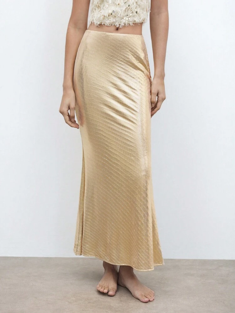 SHEIN Maija New Autumn/Winter Urban Chic Party Casual Elegant Retro Women Gold Glitter A-Line Skirt, Suitable For Holidays, Celebrations And Outdoor Activities