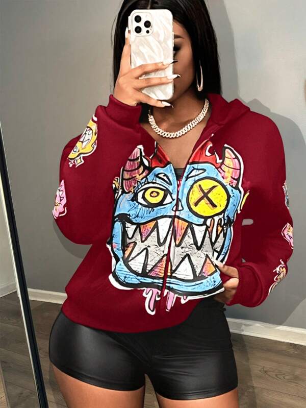 Slaydiva Autumn And Winter New Casual Street Hooded Zipper Style Long-Sleeved Colorful Devil Pattern Printed Velvet Sweatshirt Jacket Women's Sweatshirt-A
