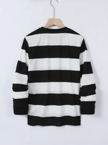 SHEIN Áo thun cổ tròn kẻ sọc dệt nhãn hiệu Anh thoải mái, đa năng, rộng rãi cho bé trai tuổi teen - Đen và trắng - Xem 2