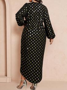 Celure Plus Size Women Sparkly Jagged Print Asymmetric Neck Lantern Sleeve Wrap Hem Dress