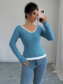 Chiquease Women's Contrast Color V-Neck Raglan Sleeve Casual Pullover Sweater, Autumn/Winter