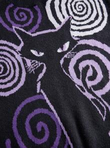 ROMWE Kawaii Cute Cat Print Pullover Sweater, Casual Simple Fashion For Plus Size Everyday Wear, For Winter - Black - View 4