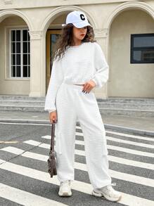 SHEIN Bộ đồ 2 món thường ngày có họa tiết màu trắng tinh khiết cho bé gái tuổi teen và quần nỉ, phong cách đường phố, trang phục nữ sinh - trắng - Xem 3