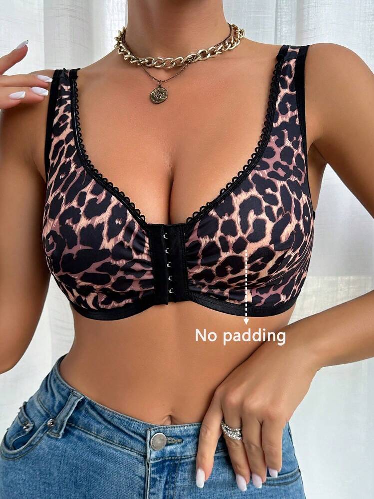 Front Closure Leopard Printed Women's Bra, Wire-Free And Padding-Free, Cheetah Print Top - Multicolor - View 5