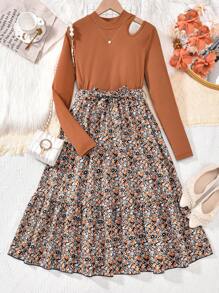 Bộ 2 áo thun dài tay có gân cho bé gái tuổi teen và chân váy dài in họa tiết có dây thắt lưng, trang phục thanh lịch cho mùa thu/đông - Màu nâu  Mocha - Xem 1