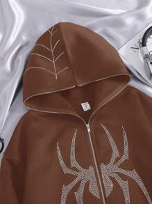 SHEIN Tween Girls' Casual Knit Spider Rhinestone Embellished Hooded Sweatshirt Sweatshirt - Brown - View 5