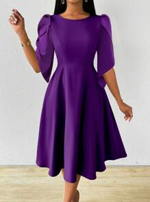 SHEIN Unity 优雅时尚紫色荷叶边 3/4 袖收腰不对称喇叭下摆连衣裙，适合约会和派对长款女装 - 紫色 - 查看 4