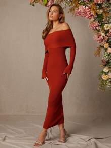L'Amorae Long Sleeve Off Shoulder Winter Sweater Dress For Women - Rust Brown - View 4