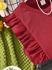 2pcs/Set Teen Girl Red Ruffle Round Neck Sleeveless Top And Black Mini Skirt - Red - View 4