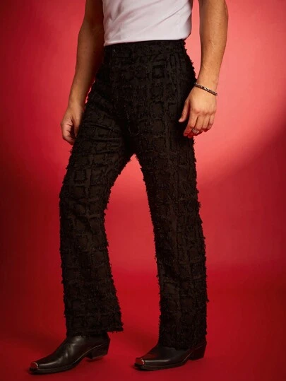 FeverCity 男士纯色拼接流苏直筒宽松休闲西装裤