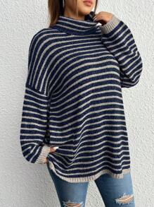 Vionelle Áo len cổ cao kẻ sọc phối màu tối giản, cỡ lớn, thích hợp mặc mùa thu/đông. - Màu xanh hải quân - Xem 3
