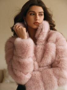 Anewsta Latest European American Style Fashionable Fluffy Vests, Fox Fur Tip Collar Windproof Warm Jacket, Elegant & Generous Women Short Coat - Baby Pink - View 7